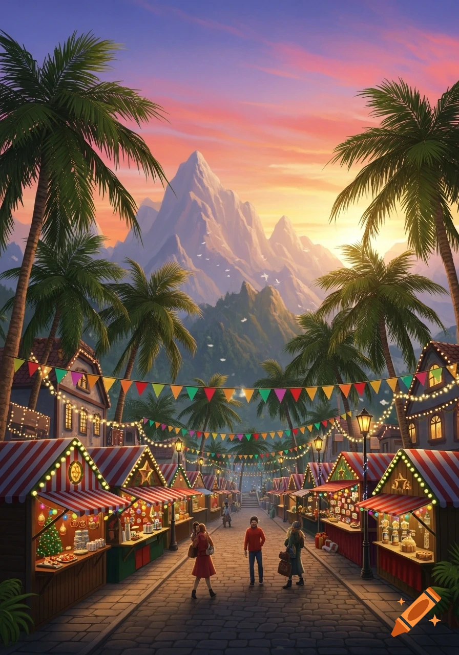 A vibrant, festive market street at sunset, lined with decorated stalls and palm trees, set against majestic mountains under a colorful sky.