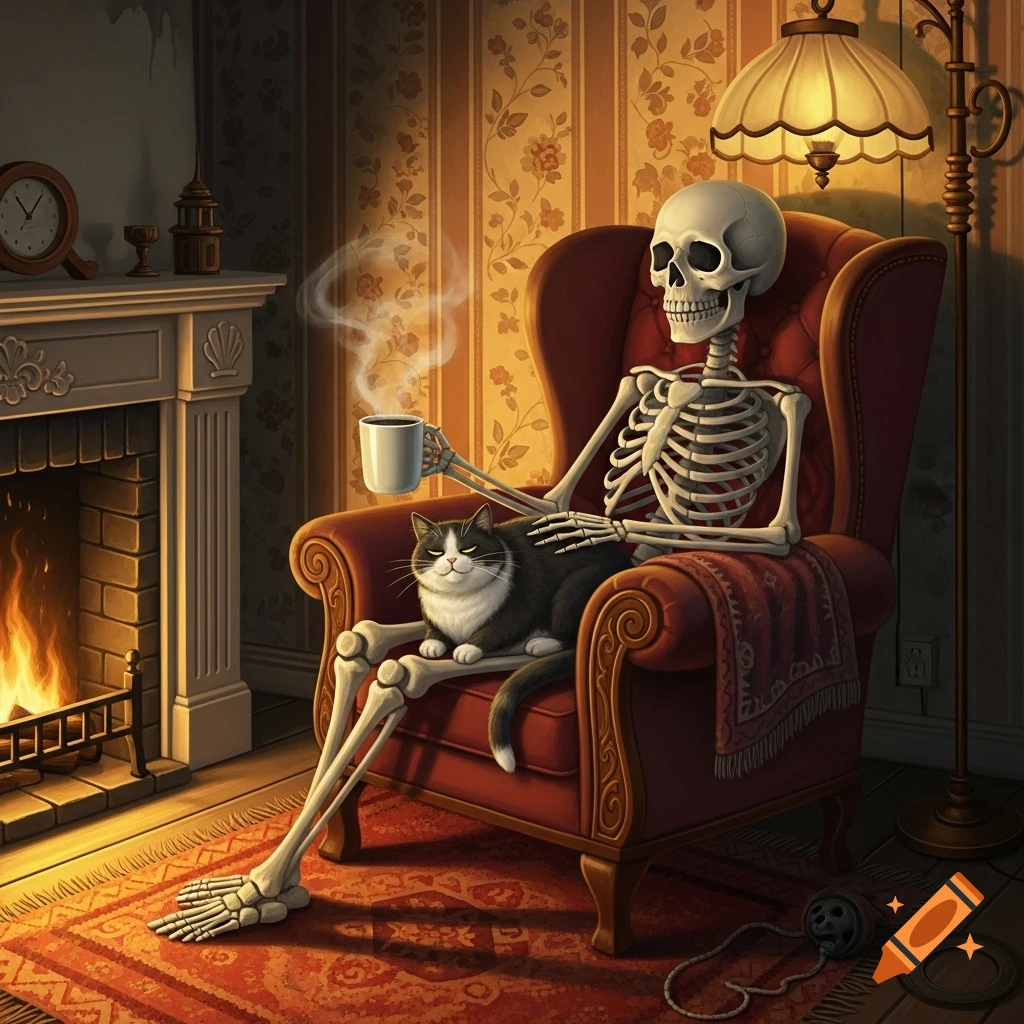 A skeleton sits in an armchair, holding a steaming mug and petting a black and white cat by a fireplace in a cozy room.