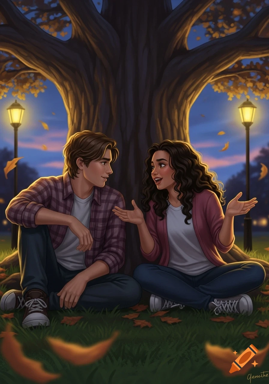Illustration of two teenagers sitting under a large tree in a park, talking, with autumn leaves on the grass and streetlights in the background.