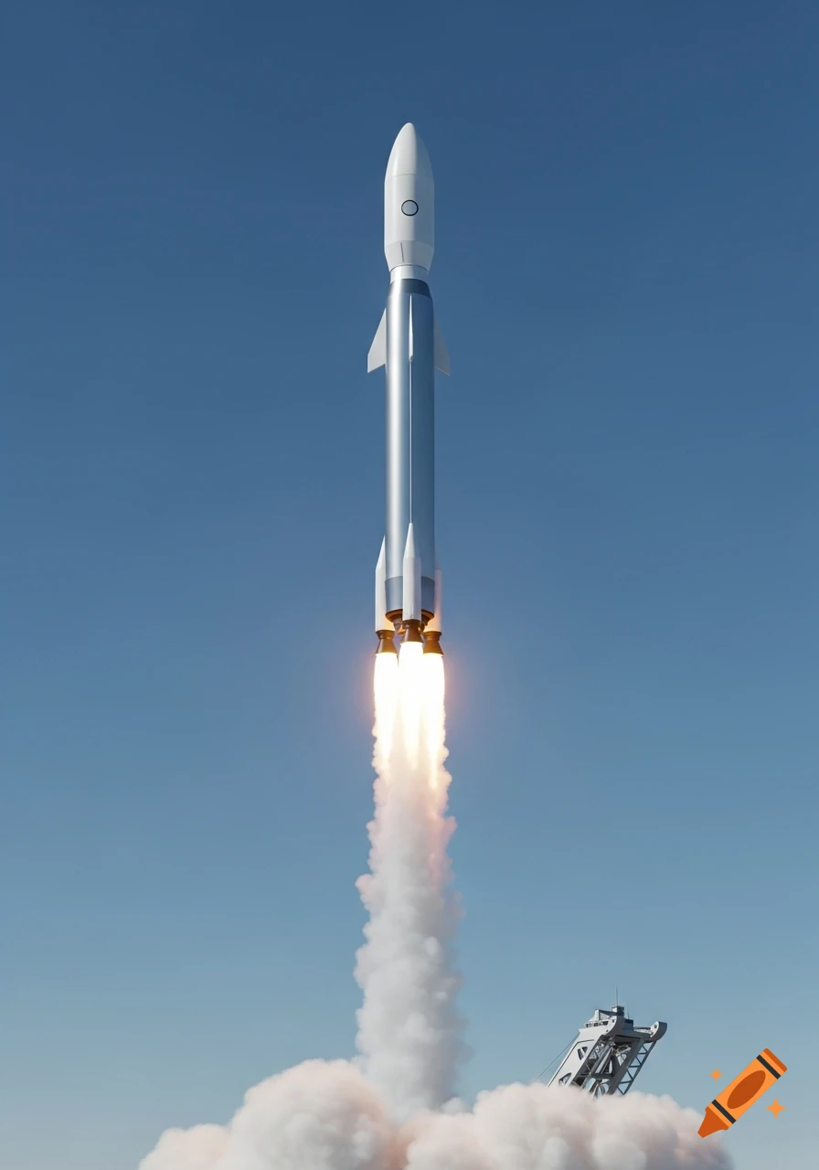 A sleek, modern silver and white rocket launches into a clear blue sky, with bright orange flames and thick white smoke billowing from its engines.