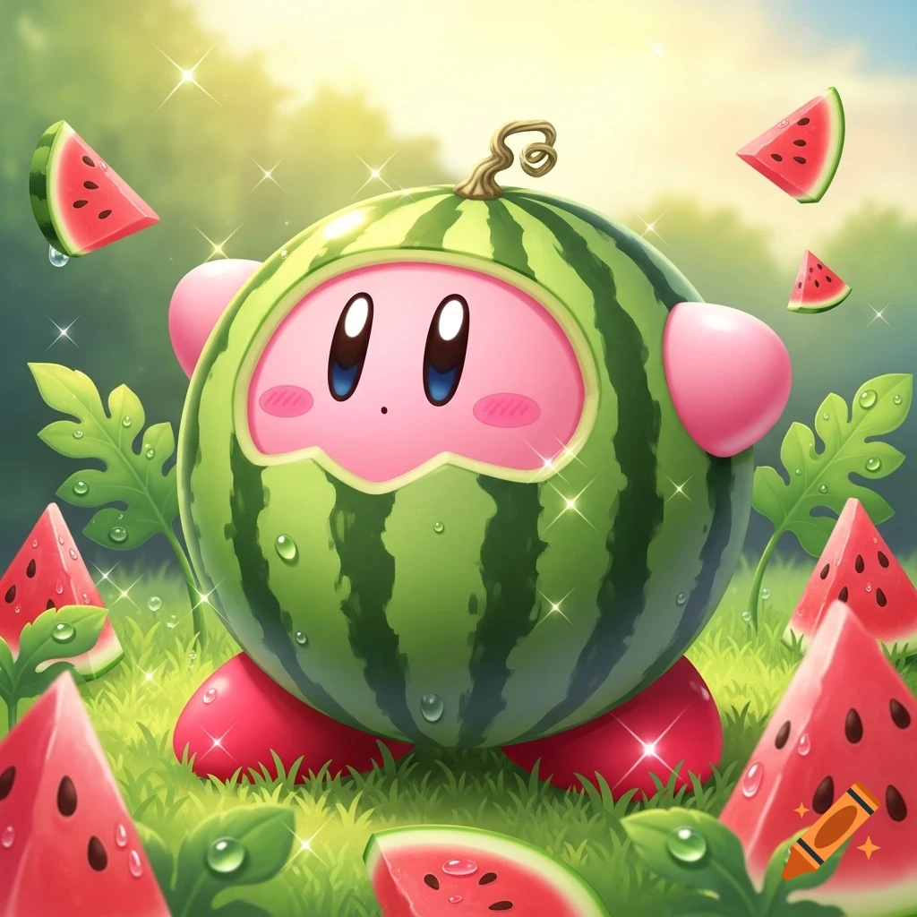 Kirby character in a watermelon suit, surrounded by watermelon slices in a sparkling grassy field.