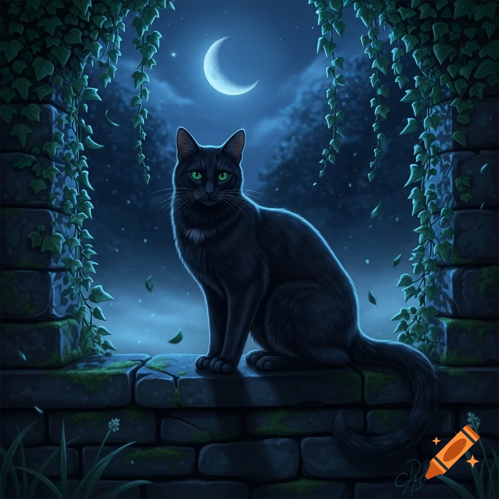A black cat with glowing green eyes sits on a mossy stone wall under a ...