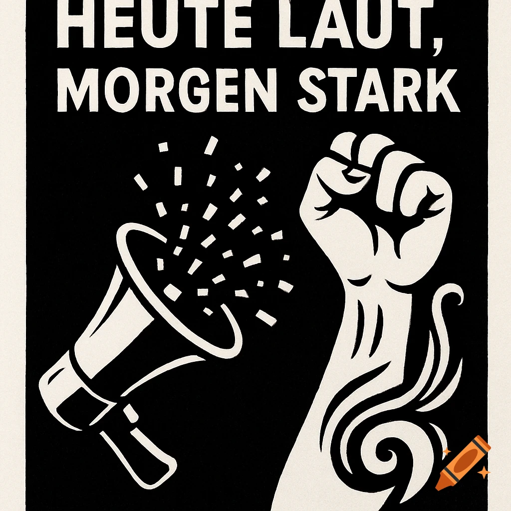 A black and white screen print poster showing a megaphone spewing confetti and a stylized raised fist. Text reads 'HEUTE LAUT, MORGEN STARK'.