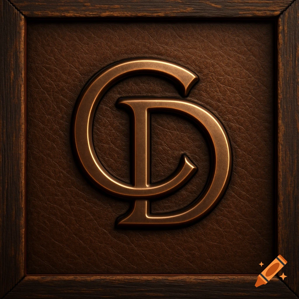 A metallic C and D monogram intertwined and embossed on brown leather, framed by dark wood.