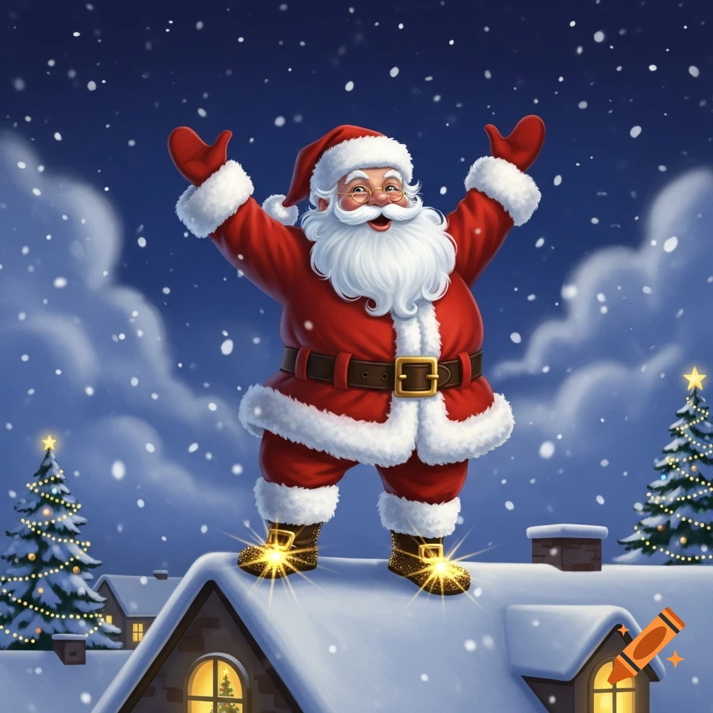Santa Claus with outstretched arms stands on a snowy rooftop at night, glowing golden feet, surrounded by decorated Christmas trees.