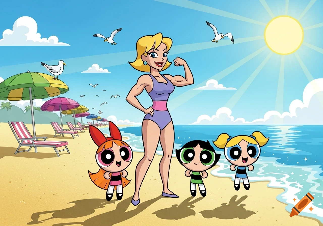 A muscular cartoon mom in a swimsuit flexes with Powerpuff Girls Blossom, Buttercup, and Bubbles on a sunny beach.