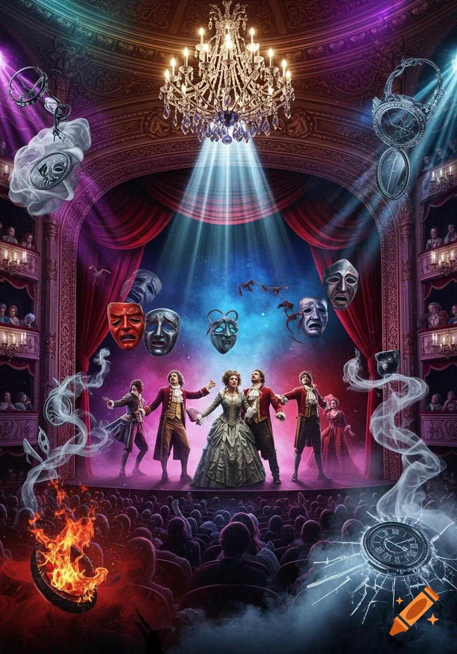 A dramatic theatrical scene with actors on stage, masks, clocks, and fire, observed by an audience under a grand chandelier.