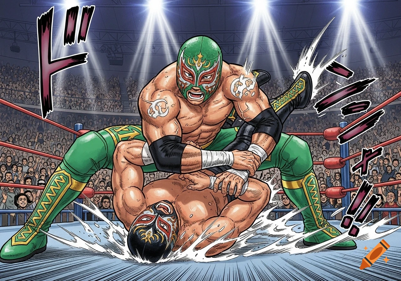 Manga-style illustration of a green-masked luchador pinning a black-masked luchador in a wrestling ring, surrounded by an audience.