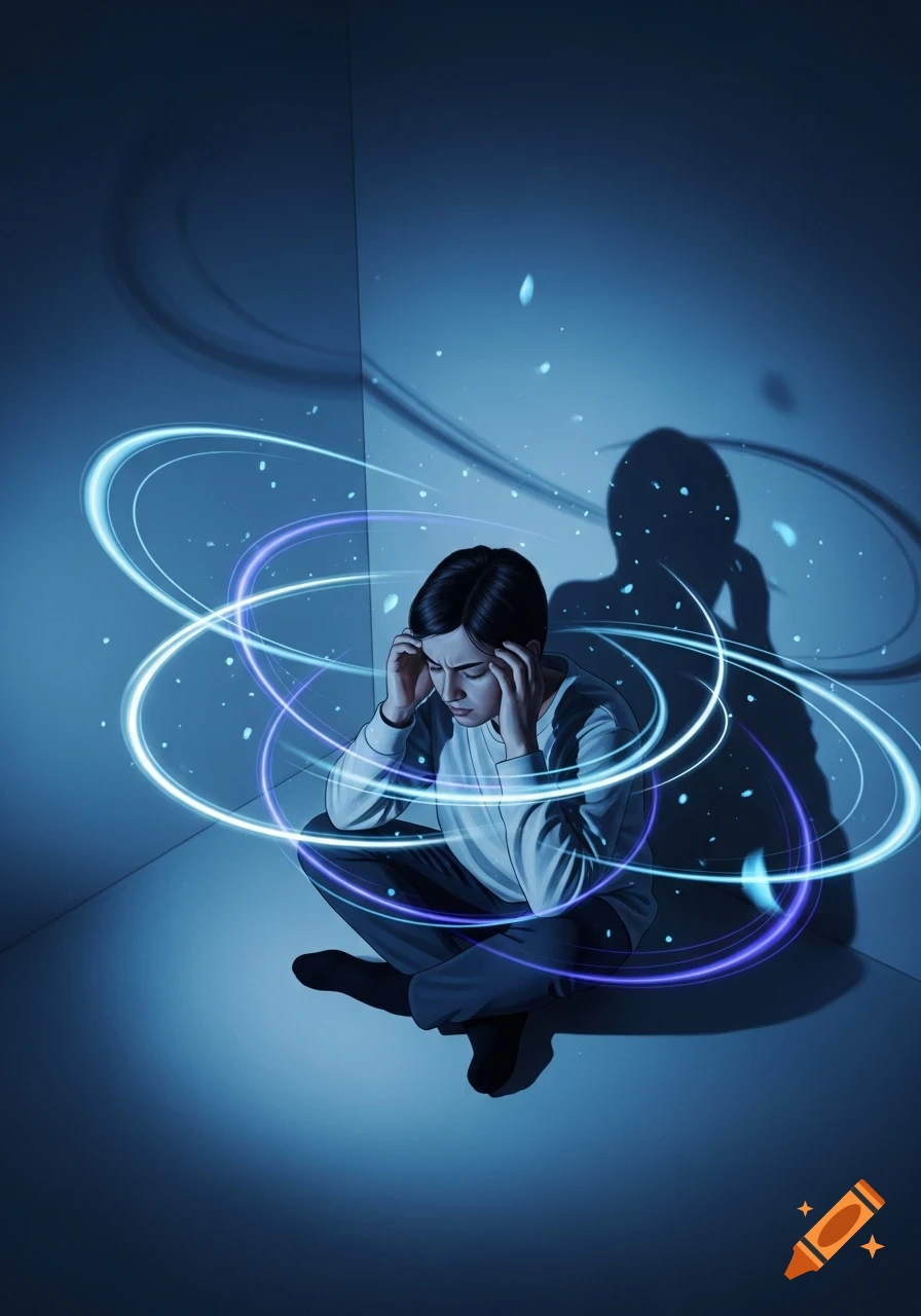 A distressed person crouches in a blue-lit corner, holding their head, with glowing blue and purple rings swirling around them.