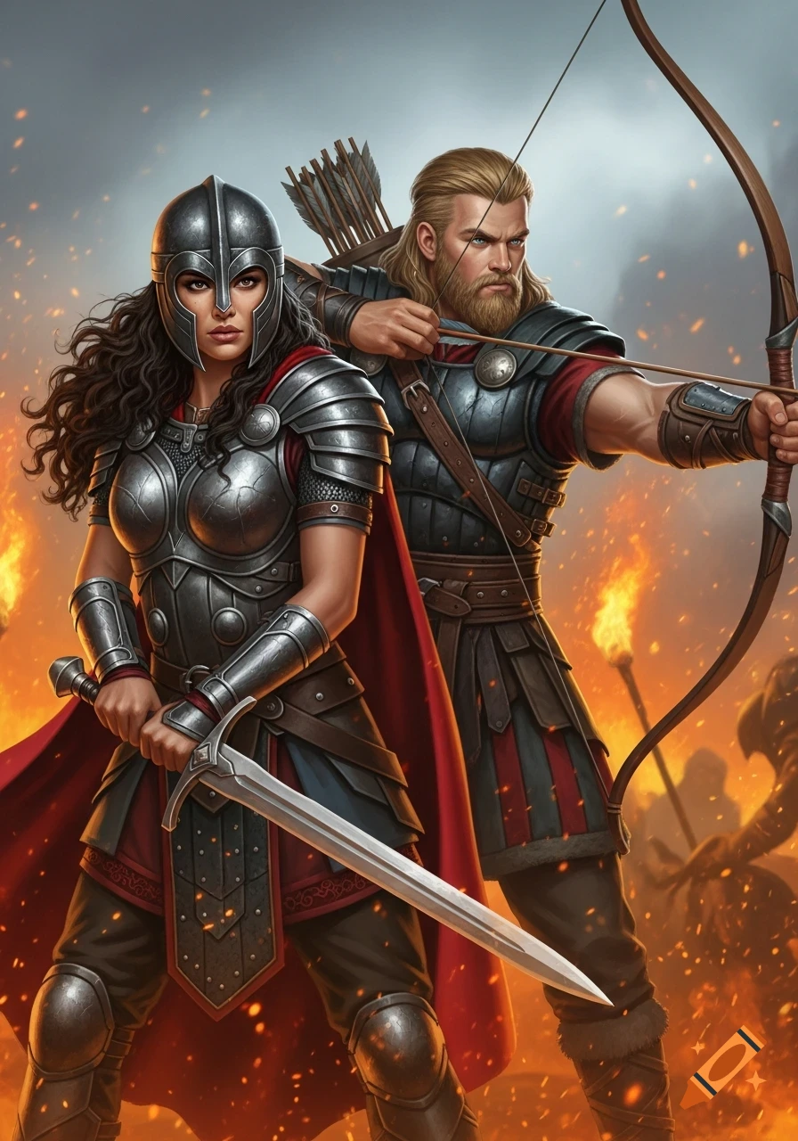 Two armored fantasy warriors, a woman with a sword and a bearded man with a bow, stand in a fiery battlefield.
