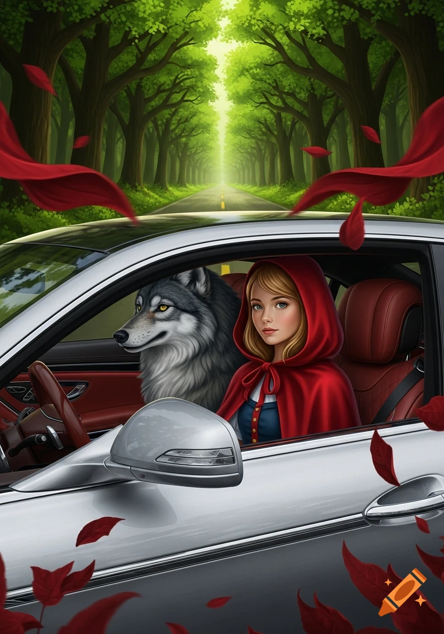 An illustration of Little Red Riding Hood and a wolf in a silver luxury car driving through a bright green forest path.