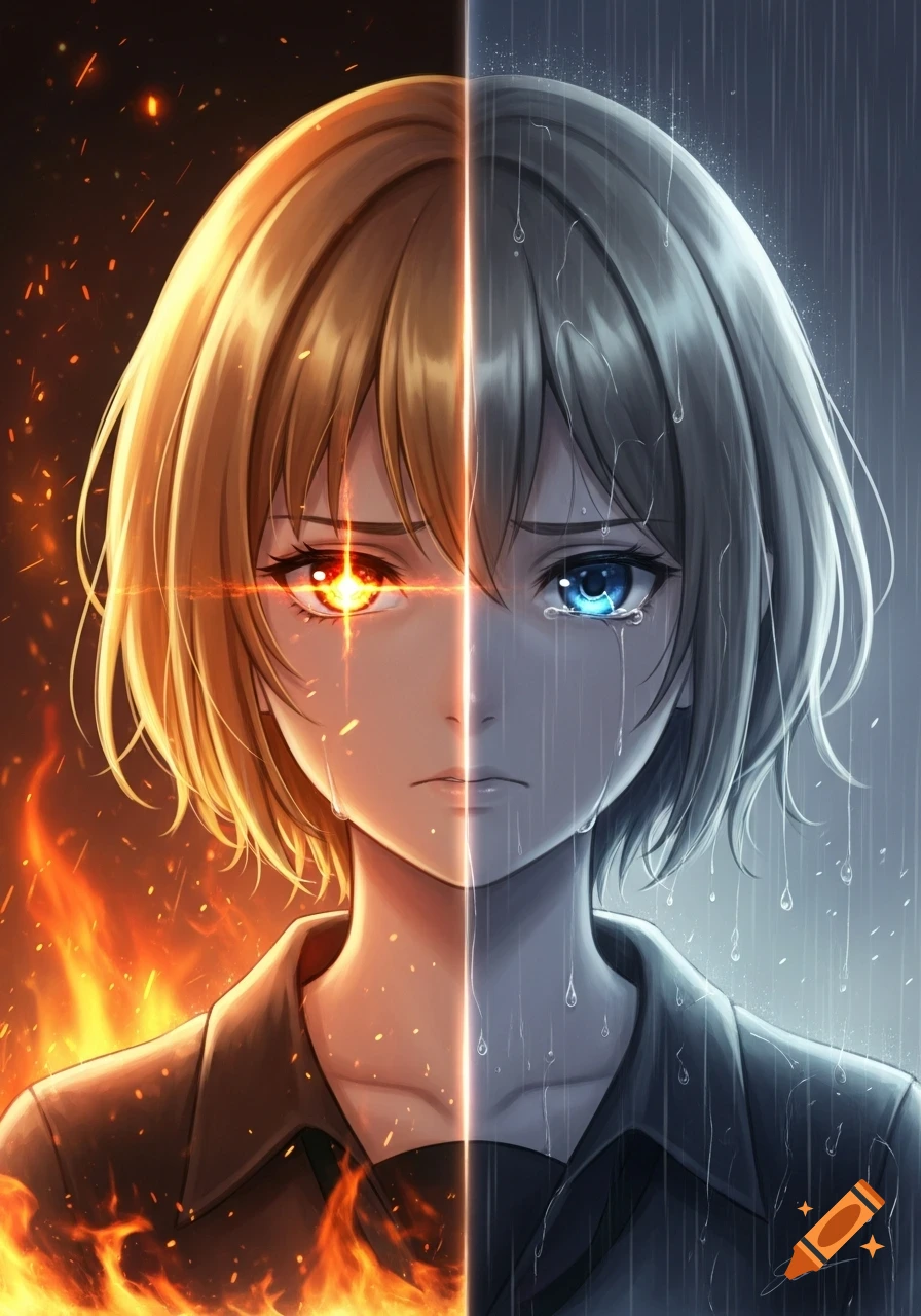 Anime girl with a vertically split face, one side fiery with a red eye and flames, the other side crying with a blue eye and rain.