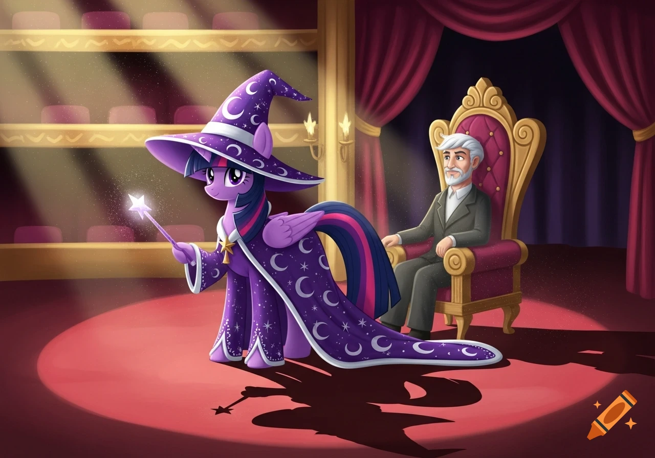 Twilight Sparkle as a purple wizard pony with a magic wand stands in a spotlight on a stage, with an old man on a throne in the background, cartoon style.