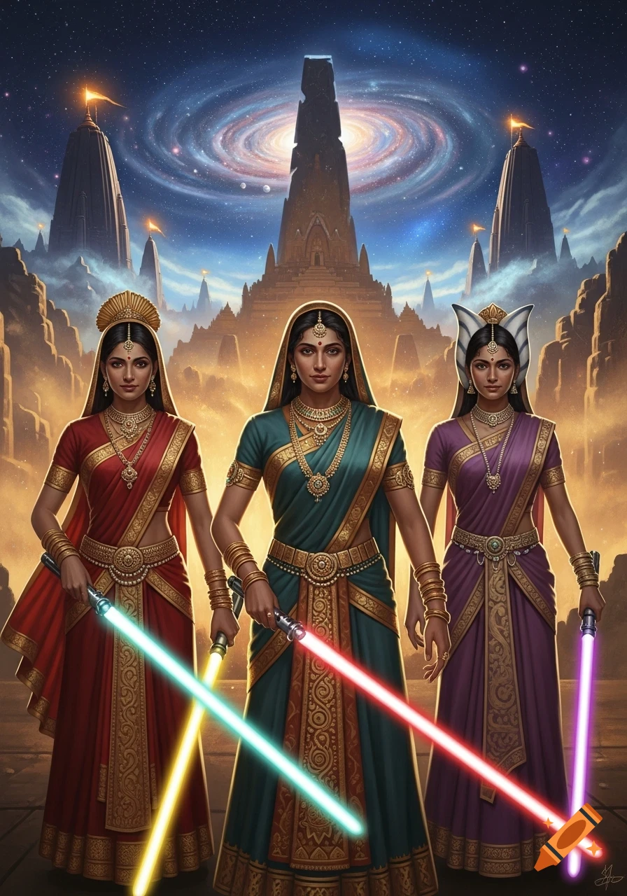 Three women in traditional Indian saris and jewelry hold red, cyan, and yellow lightsabers, standing before ancient temples under a swirling cosmic sky.