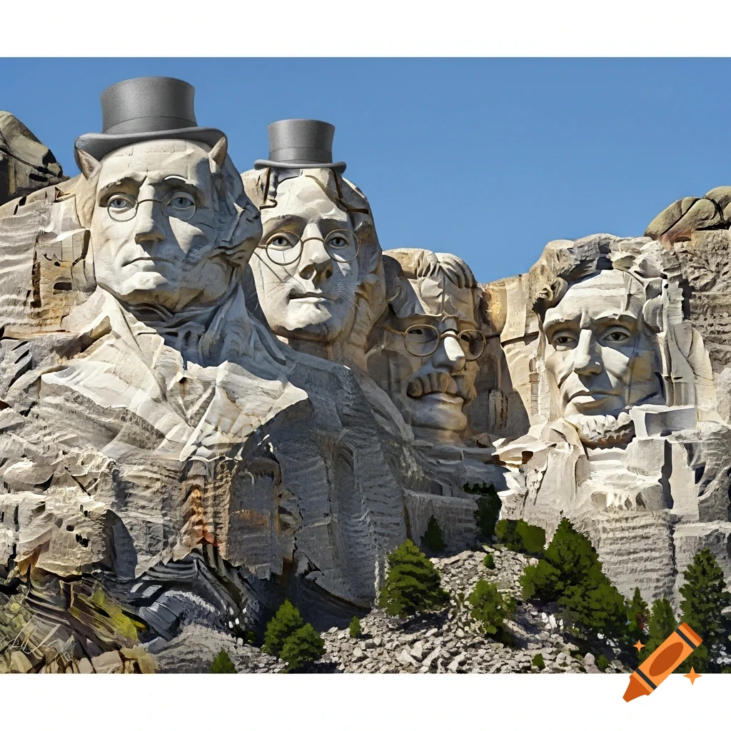 A sunny, photorealistic view of Mount Rushmore, where the four presidential carvings have been reimagined as cat faces, some wearing top hats and glasses.