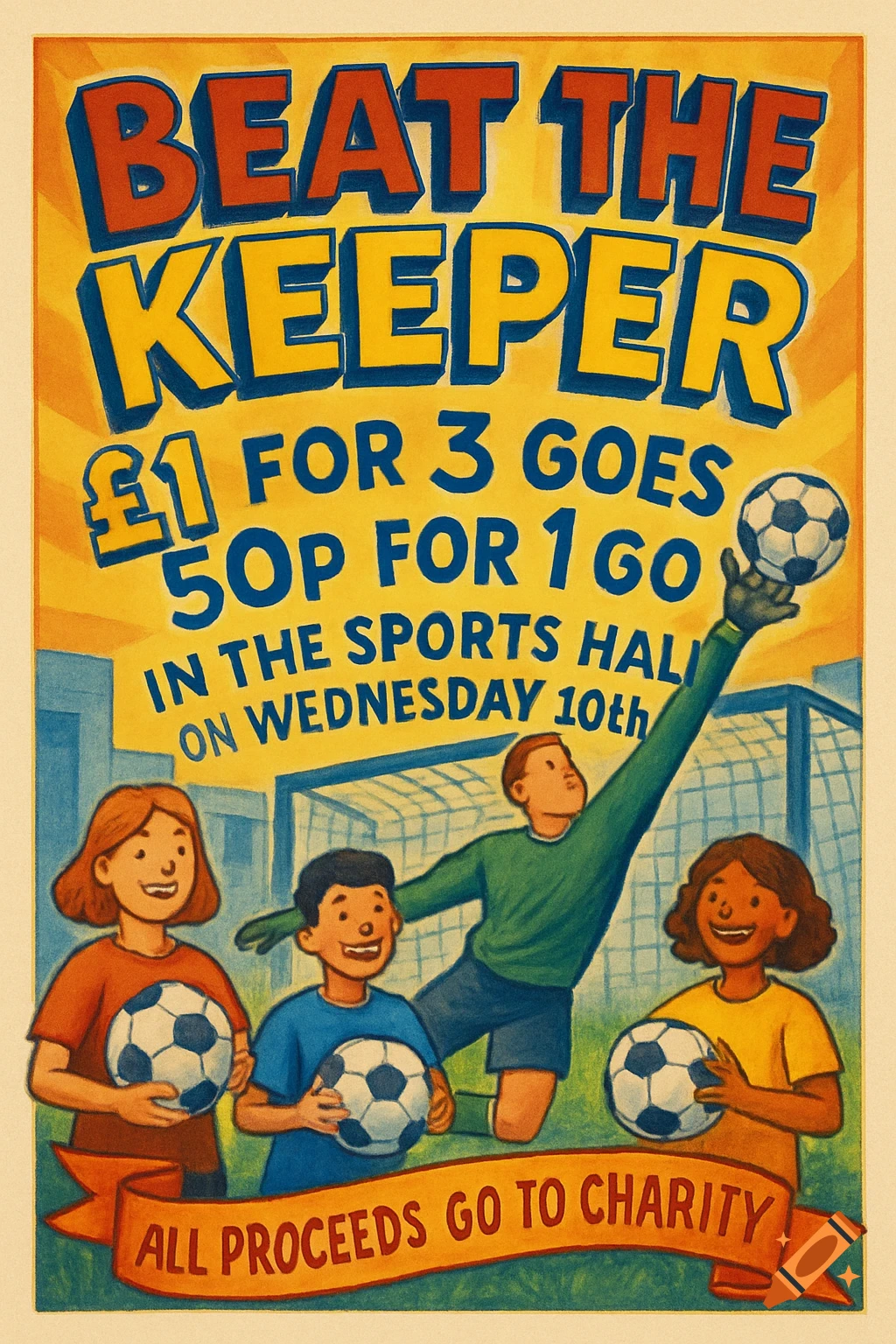 A colorful retro-style poster advertising a "Beat the Keeper" football charity event with children, an adult goalkeeper, and text detailing costs and location.