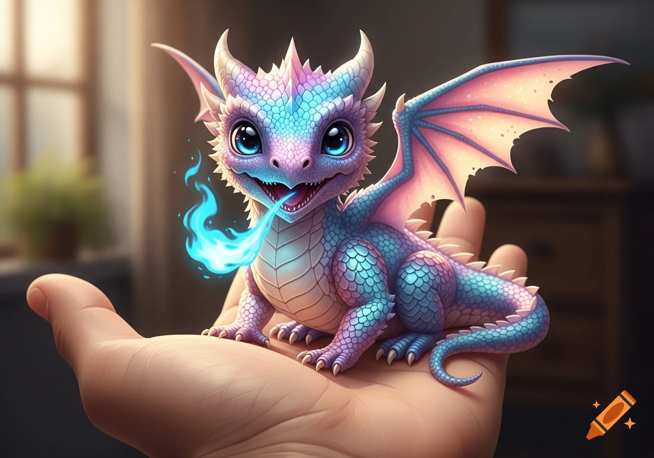 A very cute, hyperrealistic pink, blue, and purple baby dragon sits on a hand, breathing blue fire and looking at the camera.