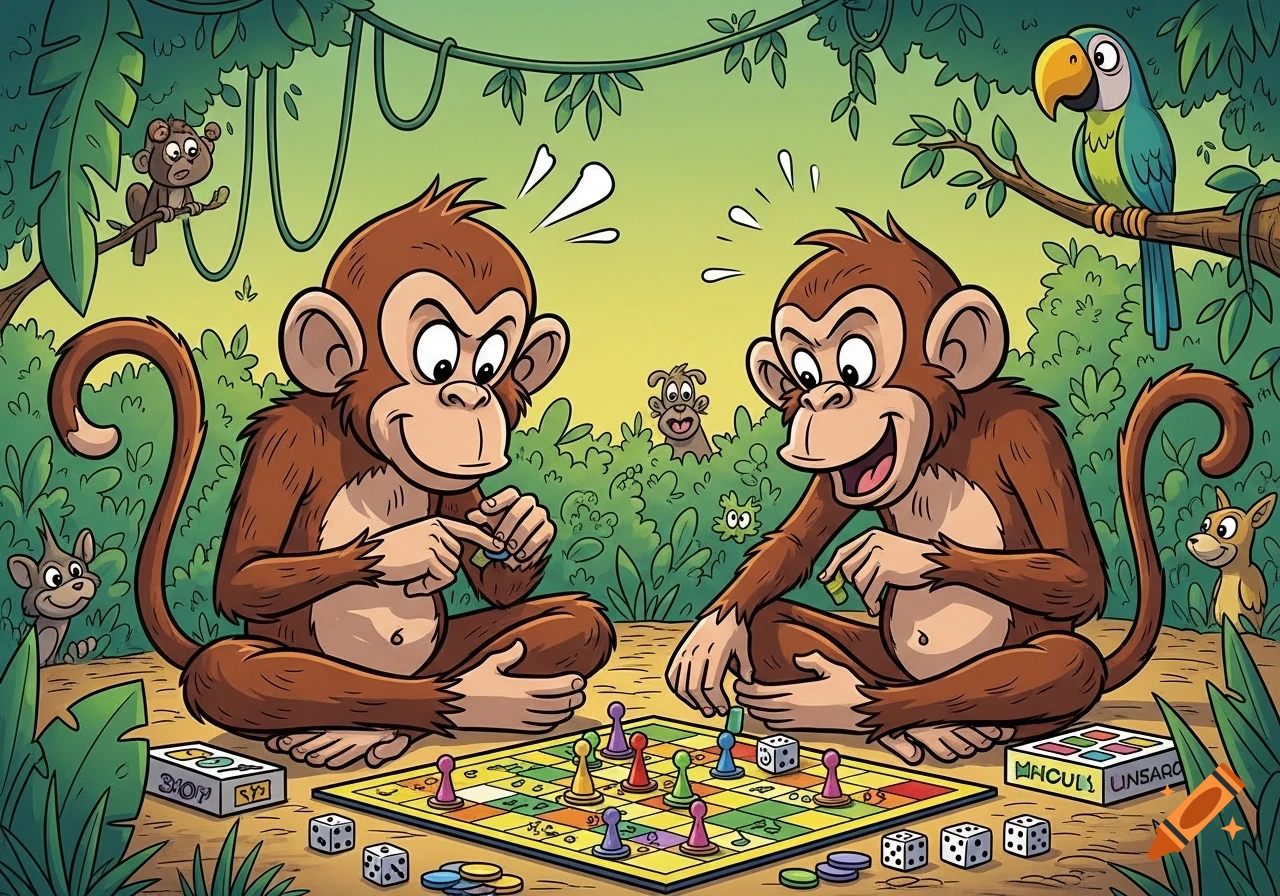 Two cartoon monkeys play a board game with colorful pieces in a lush jungle, watched by a parrot and other animals.