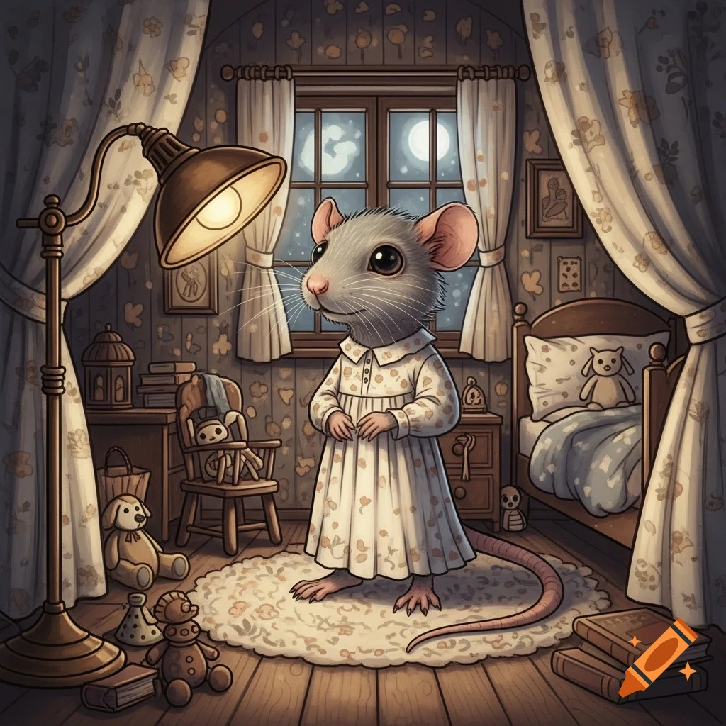 An anthropomorphic grey rat in a white nightgown stands in a dimly lit, cozy bedroom at night, rendered in a storybook illustration style.