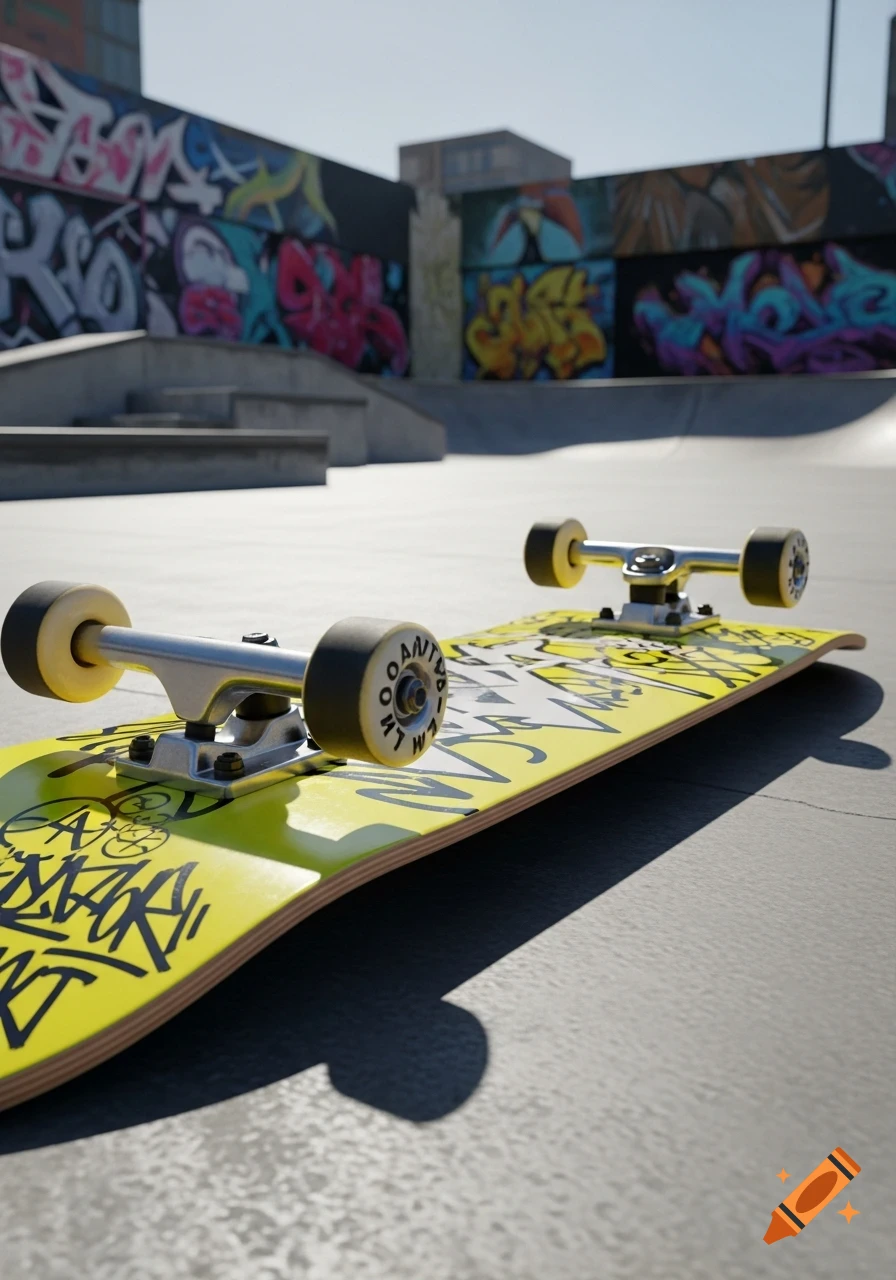 A bright yellow skateboard lies on the ground in a sunny skate park with colorful graffiti walls.