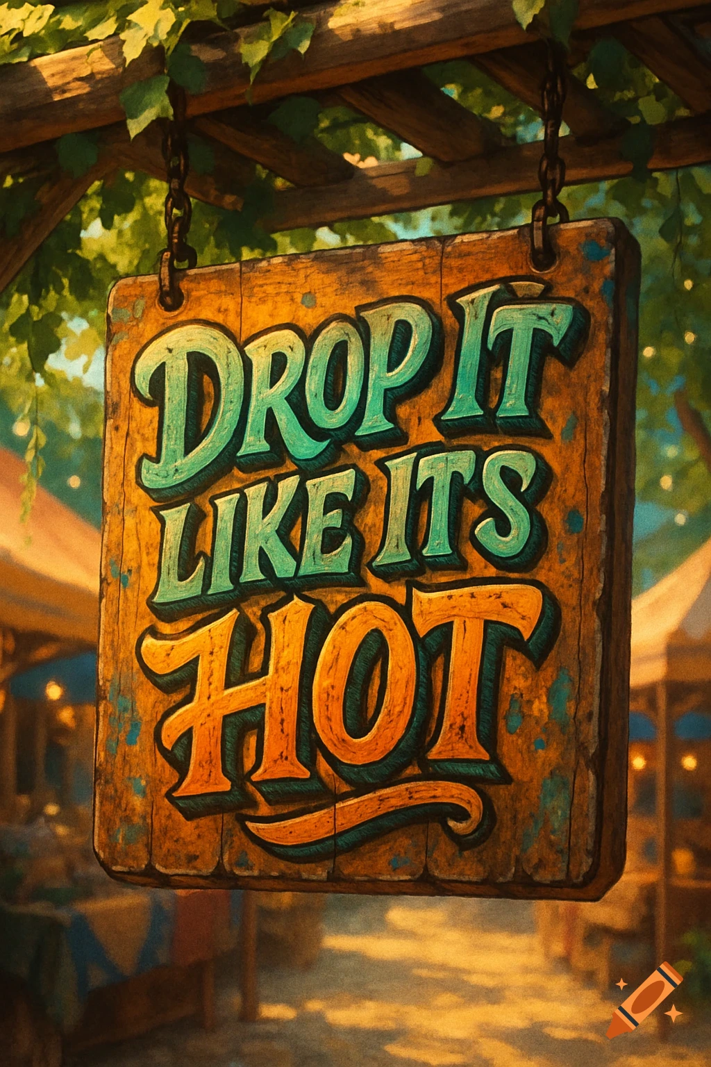 A colorful wooden sign with "DROP IT LIKE ITS HOT" hanging from a leafy pergola, in a warm, illustrative style.