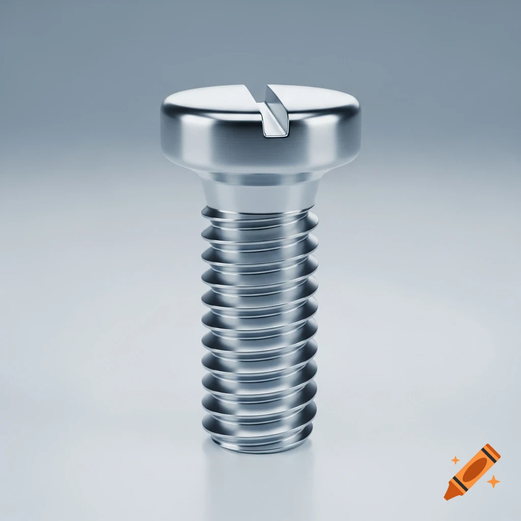 A detailed, metallic slotted screw against a light grey background.