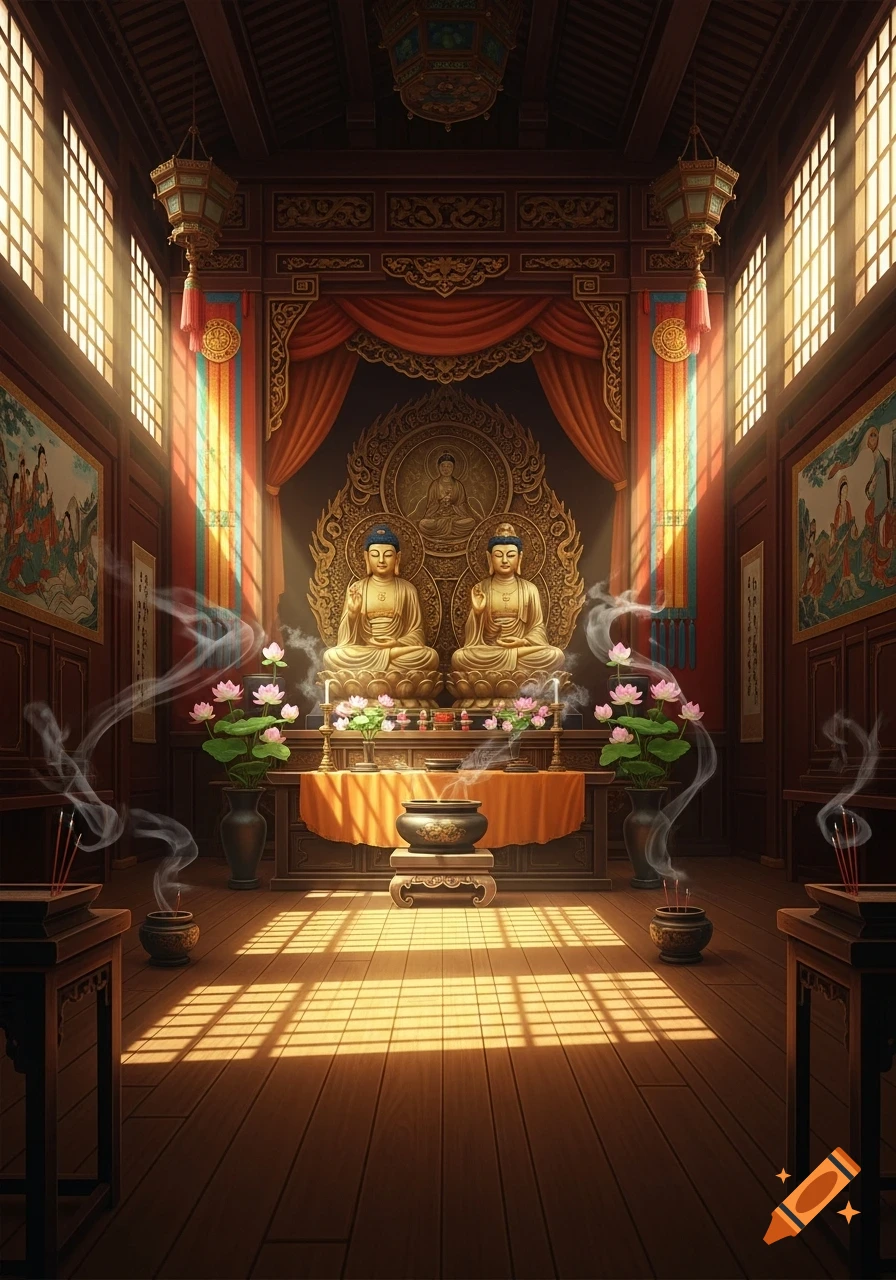 A richly decorated Buddhist temple interior with two golden Buddha statues on an altar, bathed in sunlight from tall windows, with incense smoke rising.