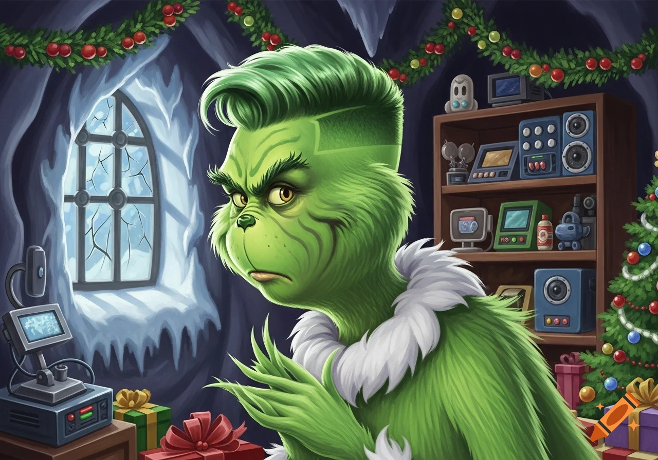 The Grinch with a fade haircut looks disgruntled in his Christmas-decorated cave with various gadgets and presents.
