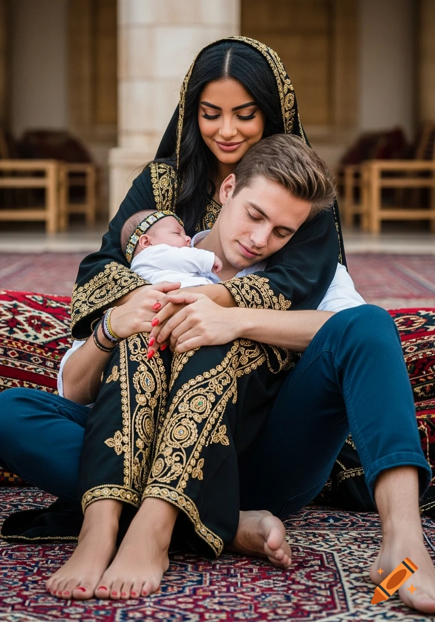A woman in traditional black and gold attire holds a sleeping baby as a man leans into them, all sitting on a patterned rug.