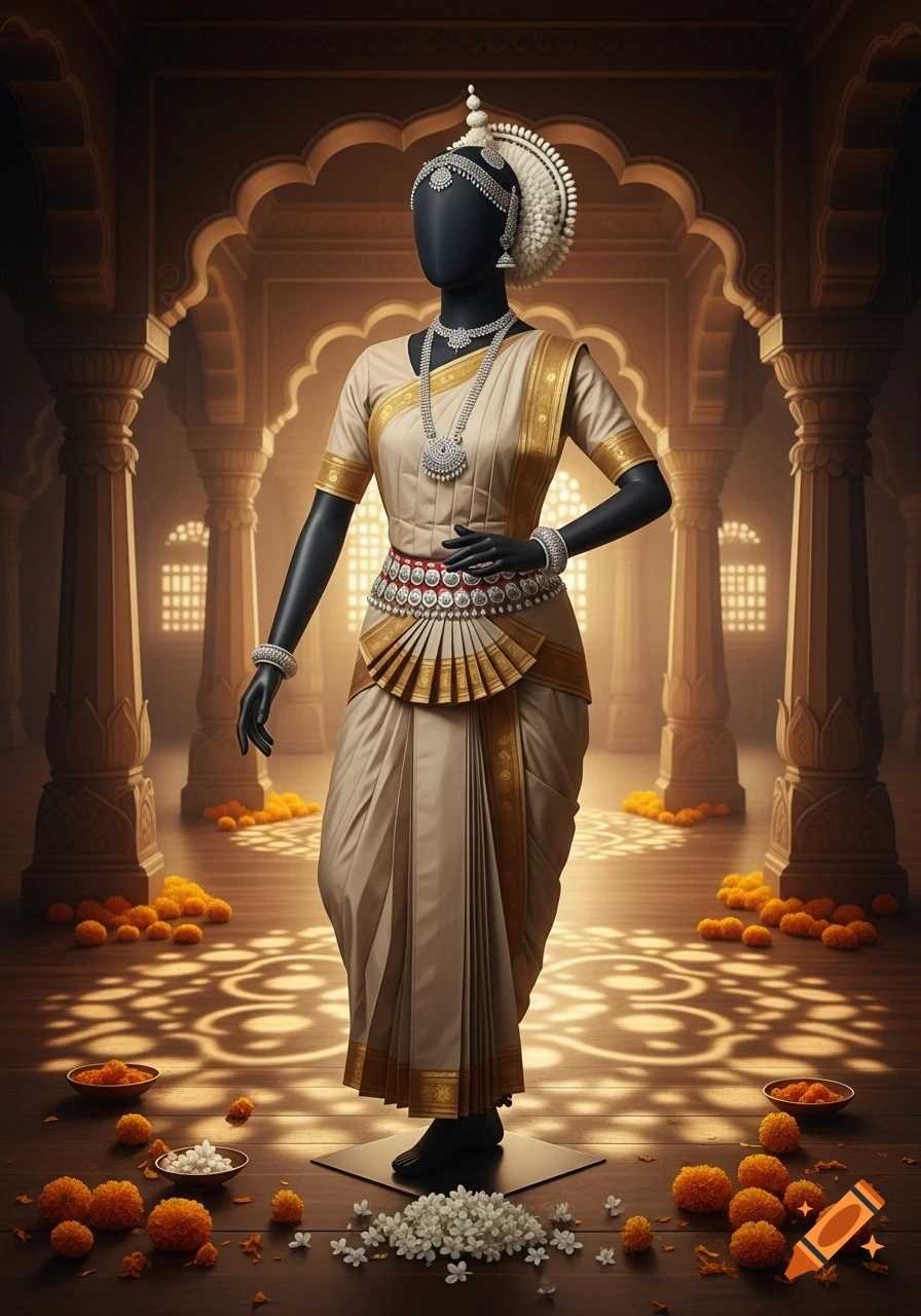 A photorealistic mannequin in traditional beige and gold Odissi attire with elaborate silver jewelry stands in an ornate Indian hall.