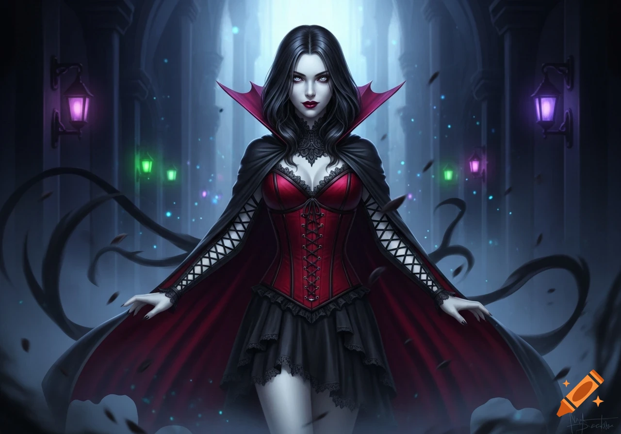 A pale vampire woman with black hair and glowing eyes wears a red corset and black cape in a dark, mysterious corridor with glowing lanterns. Digital art.