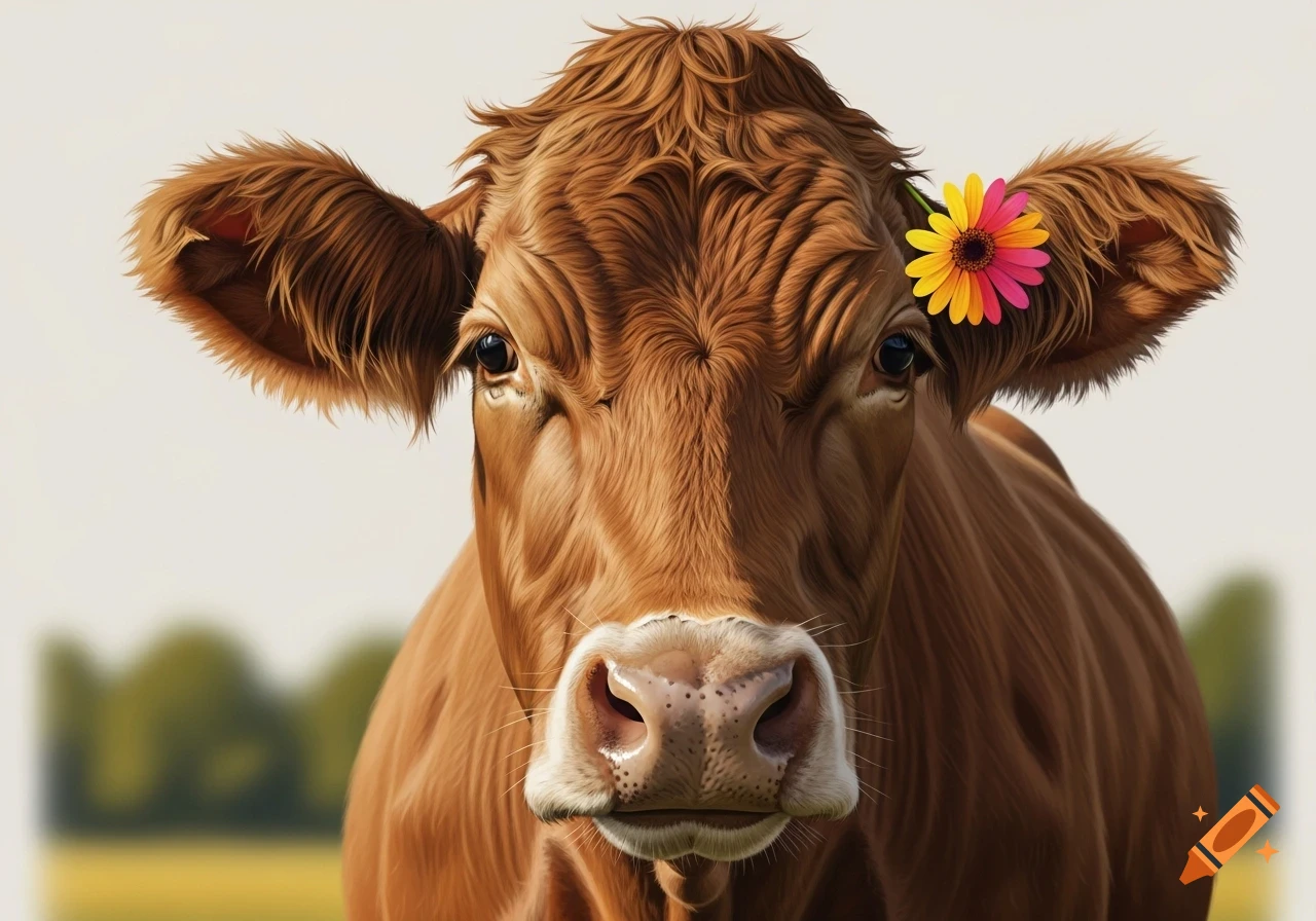 A close-up, photorealistic portrait of a brown cow facing forward, with a vibrant yellow and pink flower tucked behind its ear.