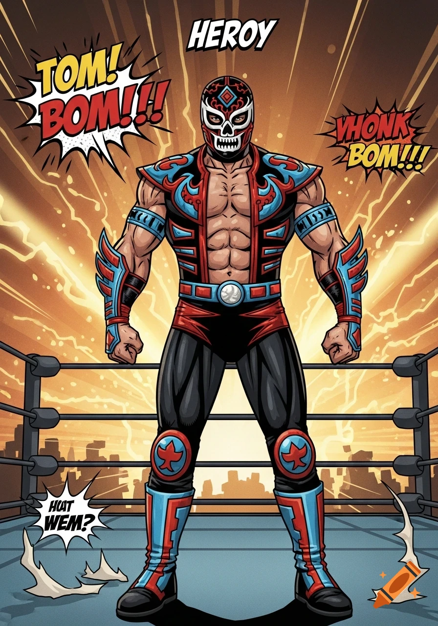 A muscular, skull-masked luchador in a red and blue costume stands in a wrestling ring with comic sound effects and a city skyline in the background, in comic book art style.