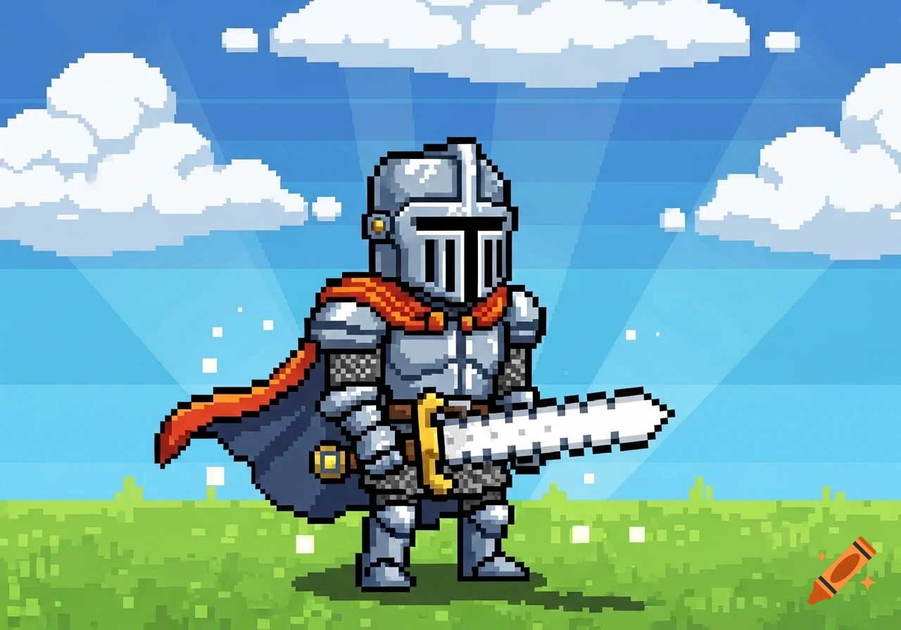 A pixel art knight in shiny silver armor and a red cape stands in a grassy field under a blue sky, holding a large sword.