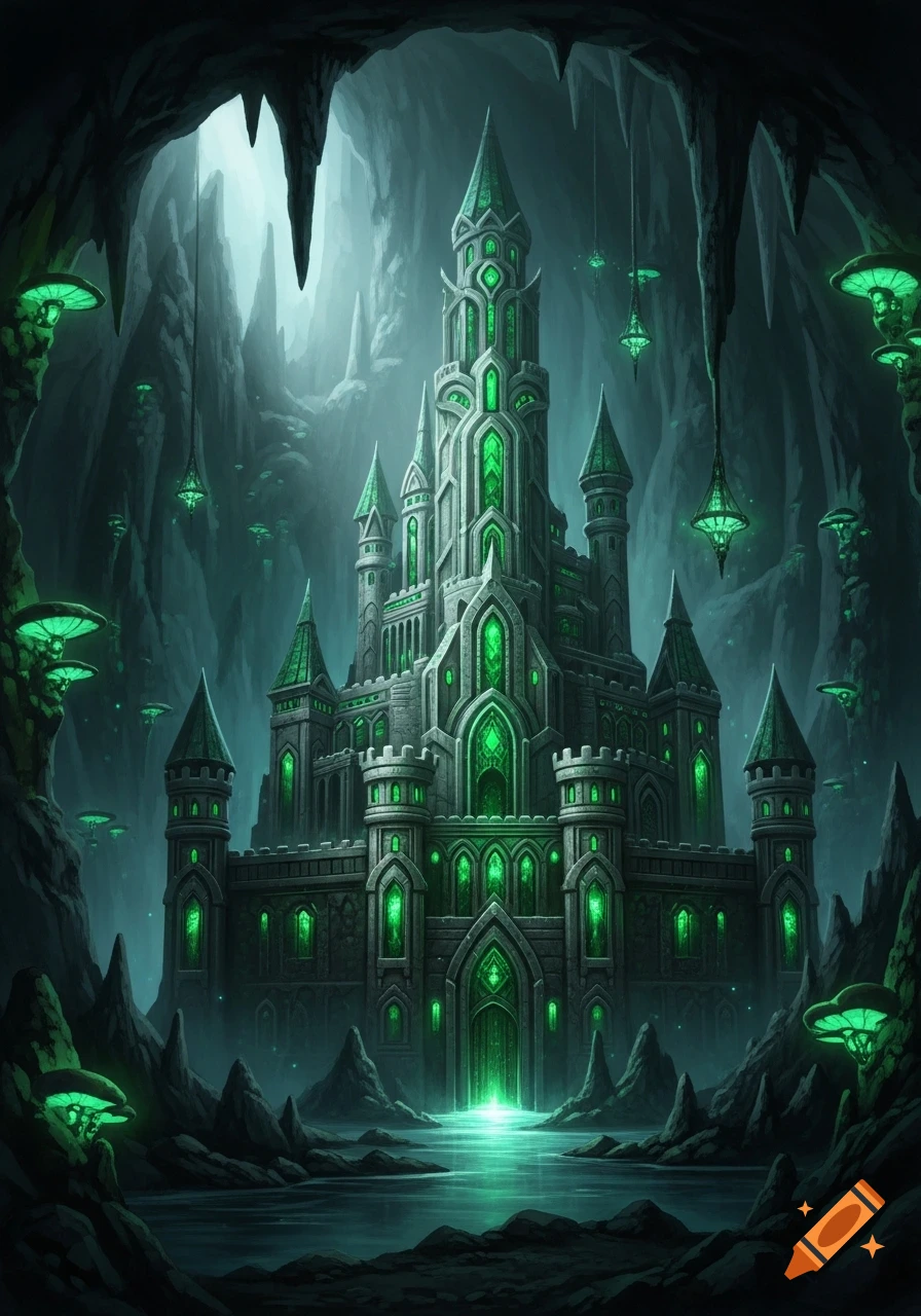 A majestic emerald castle glows within a dark, stalactite-filled cave, surrounded by glowing mushrooms and a reflective pool.