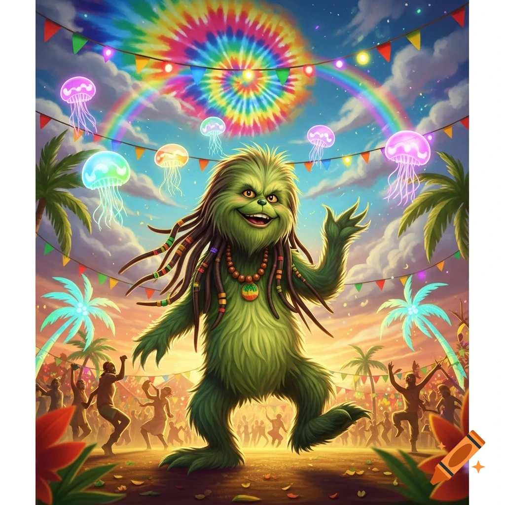 A cheerful green furry creature with dreadlocks dances at a vibrant, colorful outdoor party under a rainbow, with palm trees, dancing people, and glowing jellyfish in a cartoon style.