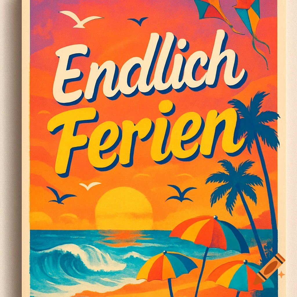 A vibrant retro poster with 'Endlich Ferien' (Finally Holiday) text, featuring a tropical beach at sunset with palm trees and umbrellas.