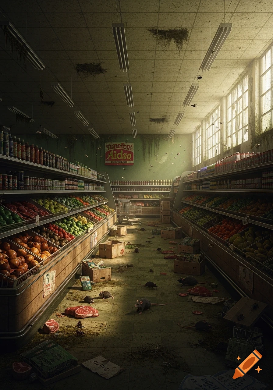 Photorealistic image of a filthy, abandoned supermarket with rotting food, raw meat, and many rats and flies on the floor.