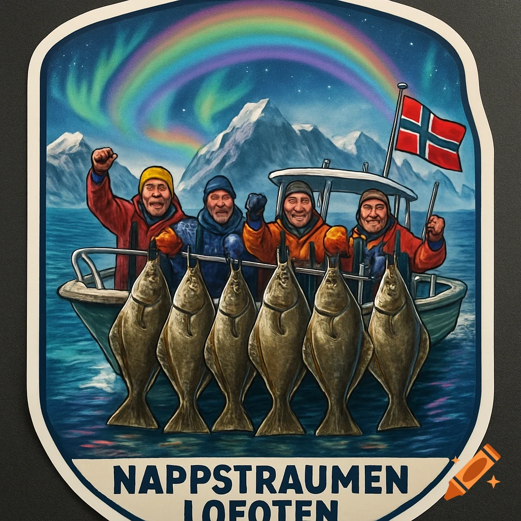 A colorful sticker art of four happy fishermen in a boat with six large halibuts under a rainbow and northern lights, with snow-capped mountains and a Norwegian flag in the background. Text at bottom reads "NAPPSTRAUMEN LOFOTEN".