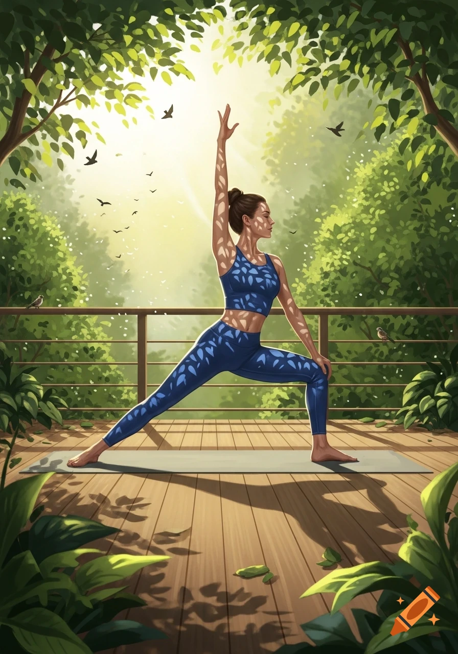 A woman in a blue patterned yoga set doing a warrior pose on a wooden deck surrounded by lush green trees, with sunlight filtering through leaves.