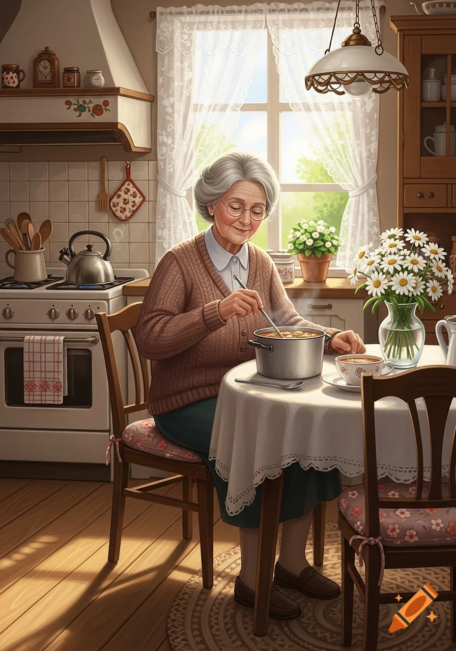 An elderly woman with gray hair smiles while stirring a pot on a table in a sunlit, cozy kitchen with a vase of daisies.