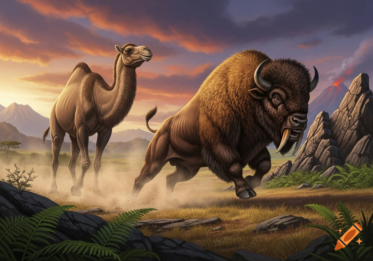 A sabretooth bison charges across a dusty prehistoric landscape towards a camel, with an erupting volcano at sunset.