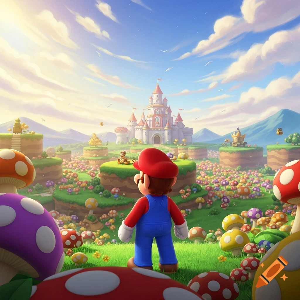 Mario stands with his back to the viewer, looking at a colorful fantasy landscape filled with giant mushrooms and a grand castle under a bright sky.