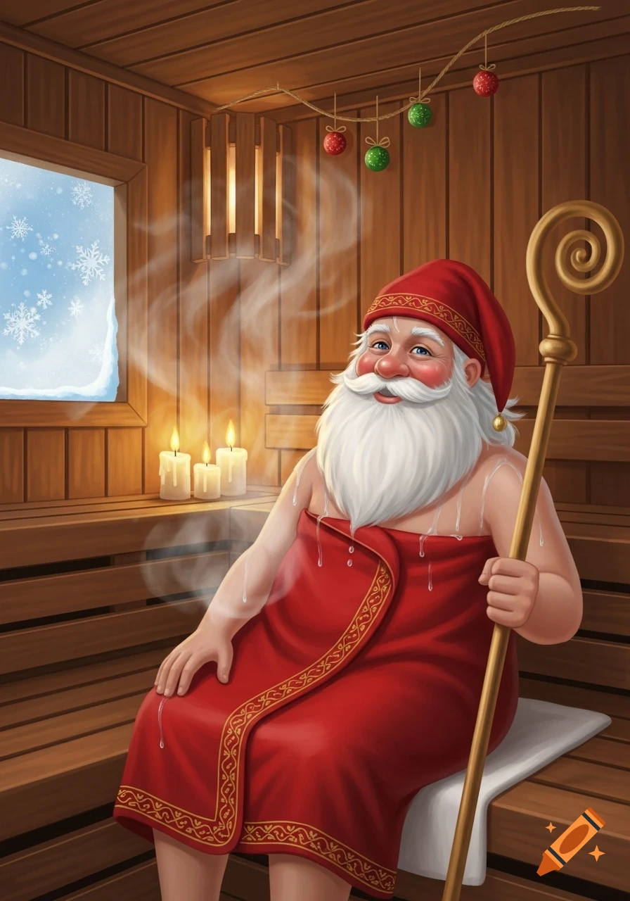 Stylized illustration of Santa Claus relaxing in a wooden sauna, wrapped in a red towel, holding a staff, with snow visible outside a window.