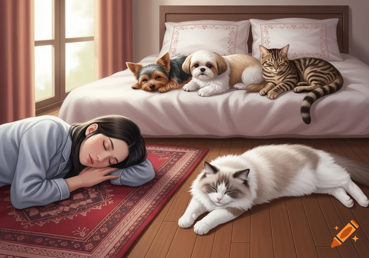 A woman sleeps on a red rug in a bedroom, while two dogs and a tabby cat sleep on a bed, and a ragdoll cat rests on the wooden floor.
