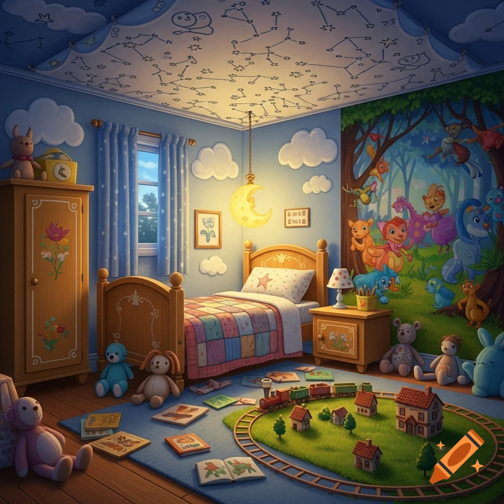 A whimsical child's bedroom with a bed, wooden furniture, a train set, books, stuffed animals, a moon lamp, and a forest mural.