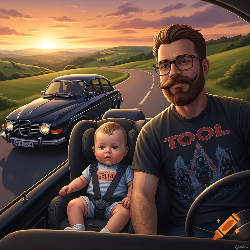 A bearded man and a baby in a car seat inside a car, driving on a winding road through a green landscape at sunset.