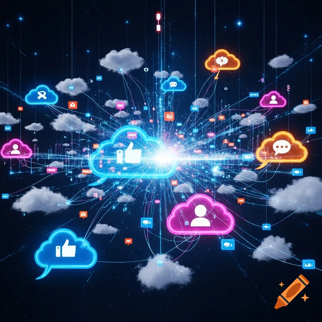 Digital representation of social media and cloud computing, with glowing icons and network connections on a dark background.
