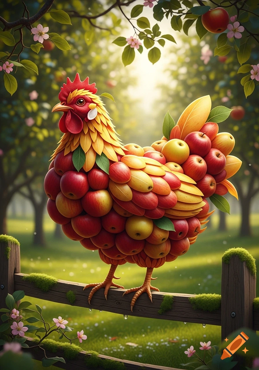A vibrant chicken figure made of red and yellow apples and leaves stands on a wooden fence in a sunny orchard.