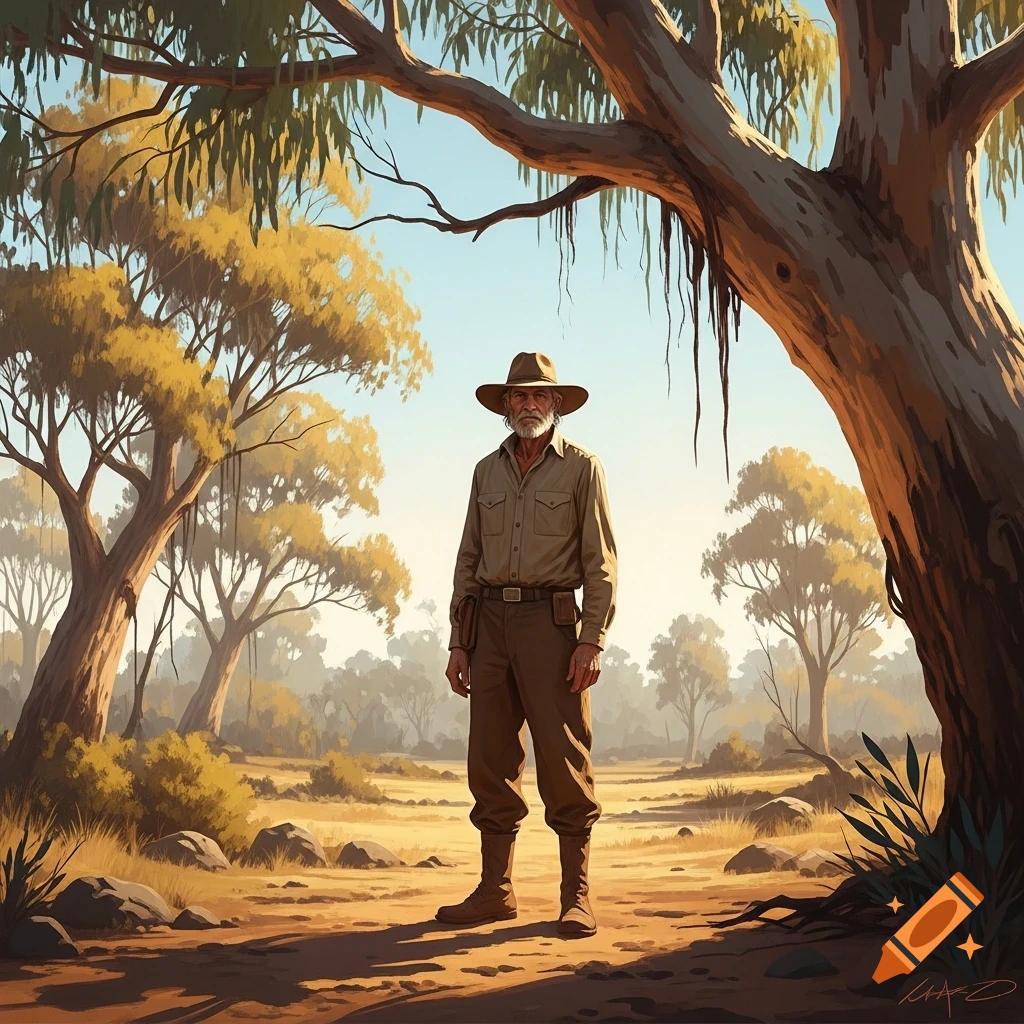 An older man in a wide-brimmed hat stands in a dry, sunlit bush landscape with trees, depicted in an illustrative style.